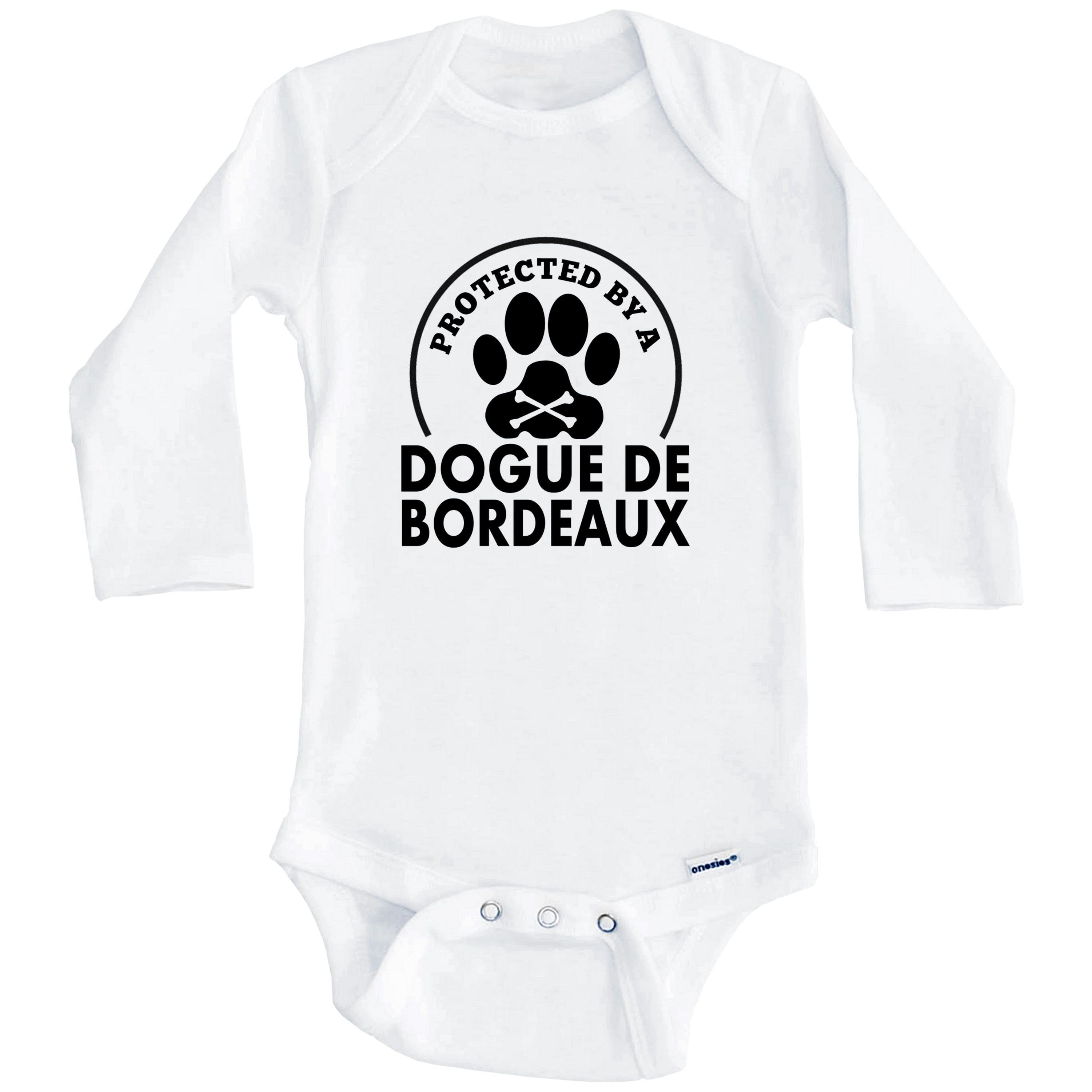 Protected By A Dogue de Bordeaux Funny One Piece Baby Bodysuit (Long Sleeve), 0-3 Months White