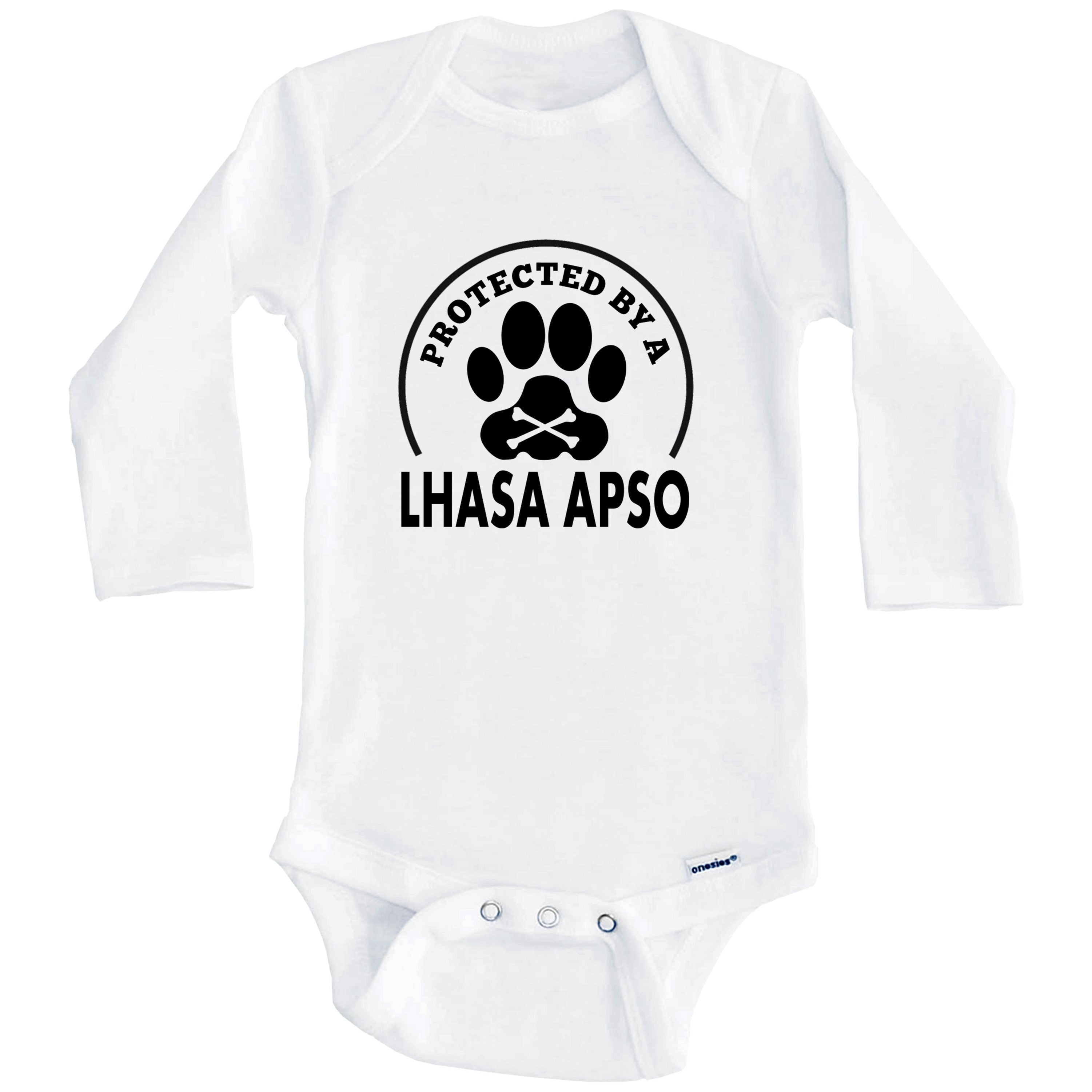 Protected By A Lhasa Apso Funny One Piece Baby Bodysuit (Long Sleeve), 6-9 Months White