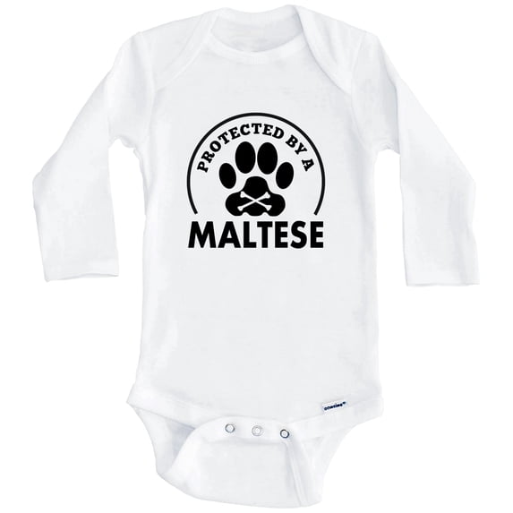 Protected By A Maltese Funny One Piece Baby Bodysuit (Long Sleeve), 6-9 Months White