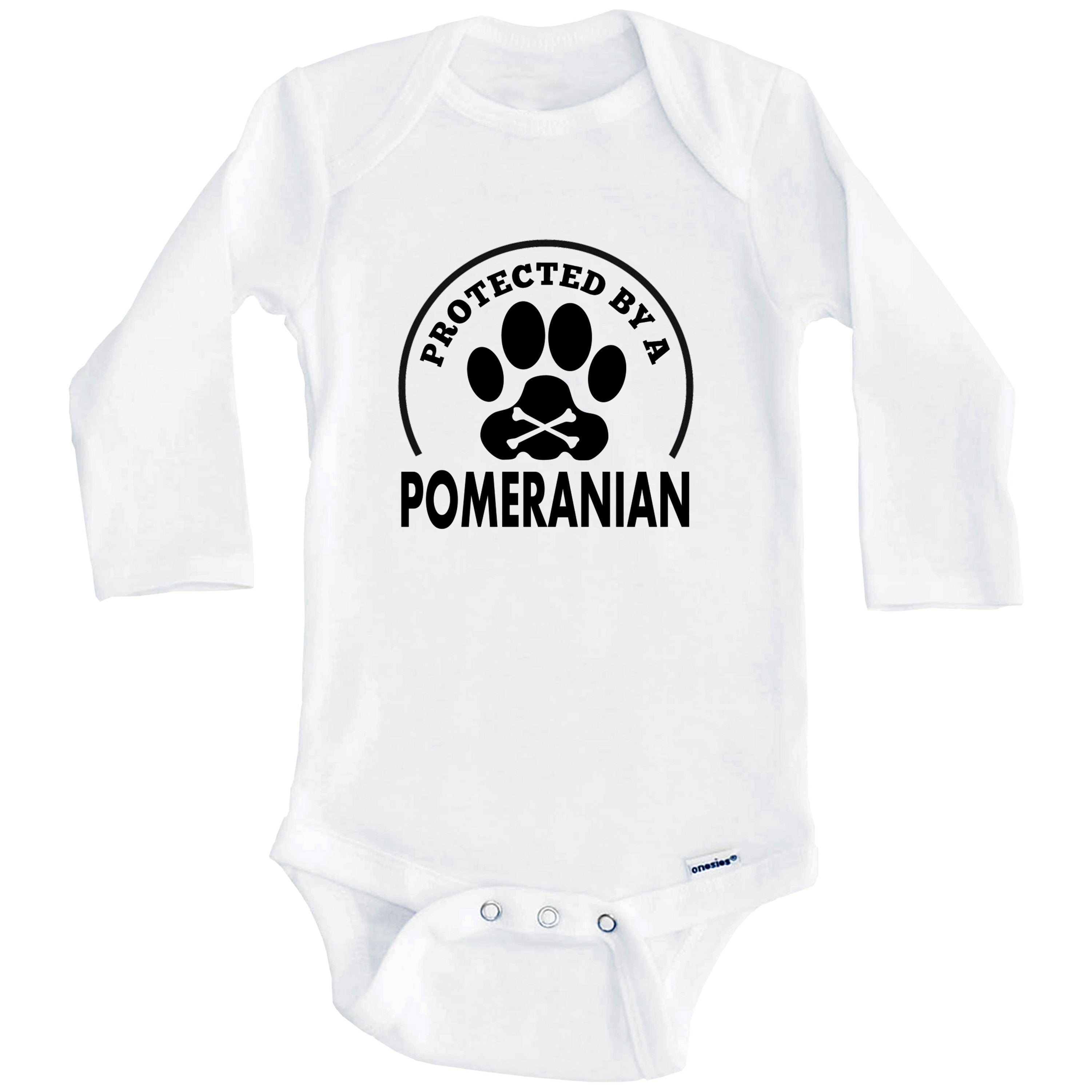 Protected By A Pomeranian Funny One Piece Baby Bodysuit (Long Sleeve), 3-6 Months White
