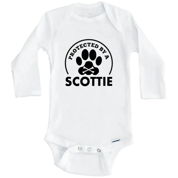 Protected By A Scottie Funny One Piece Baby Bodysuit (Long Sleeve), 6-9 Months White