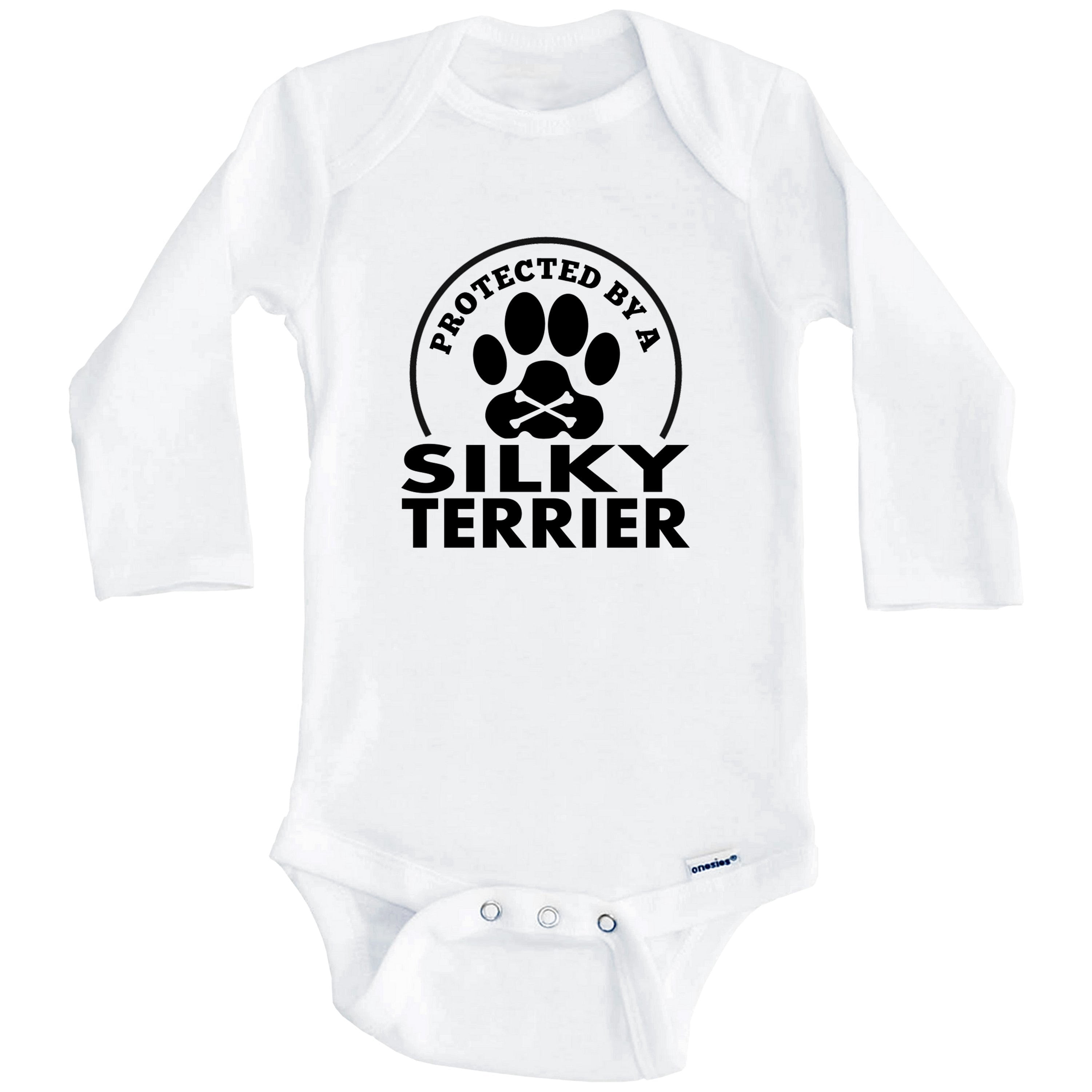 Protected By A Silky Terrier Funny One Piece Baby Bodysuit (Long Sleeve), 0-3 Months White