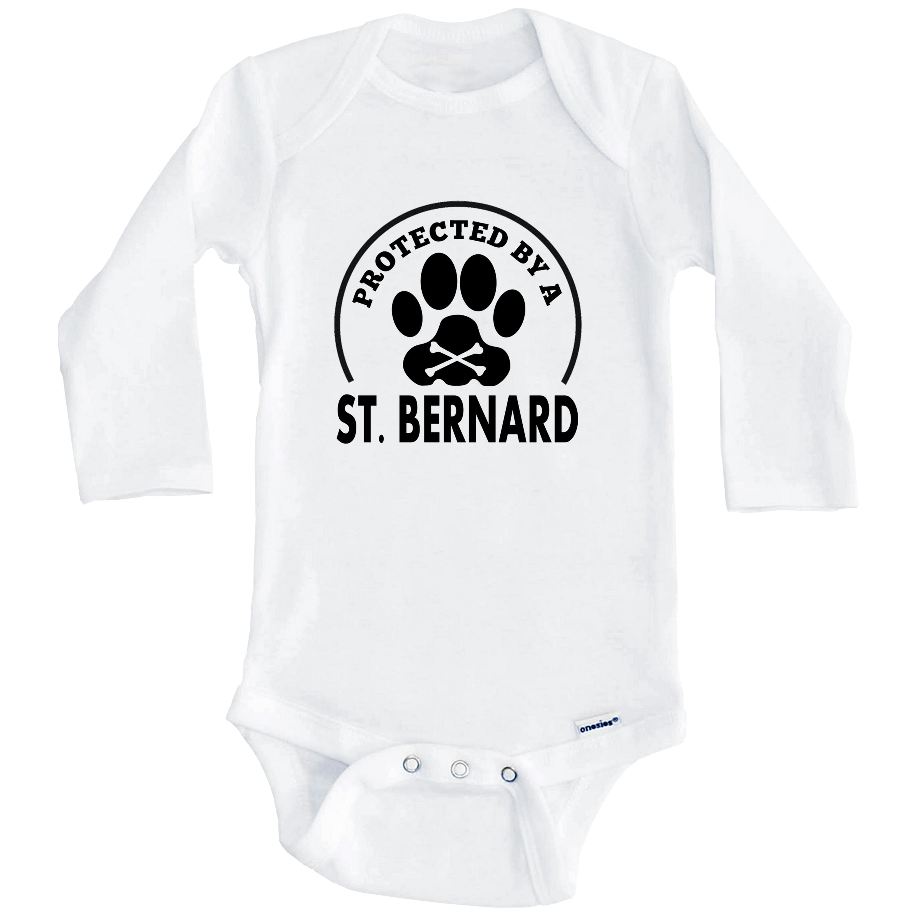 Protected By A St. Bernard Funny One Piece Baby Bodysuit (Long Sleeve), 3-6 Months White