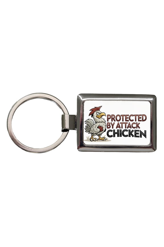 Protected By Attack Chicken Funny Metal Rectangle Keychain