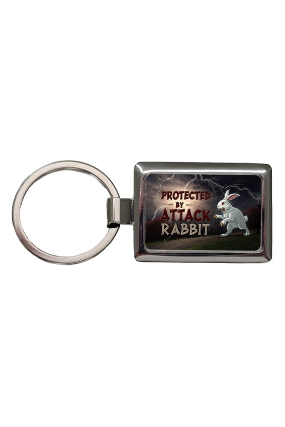 Protected By Attack Rabbit Vicious White Funny Bunny Metal Rectangle Keychain