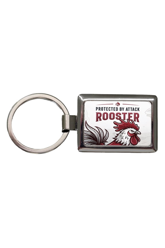 Protected By Attack Rooster Metal Rectangle Keychain