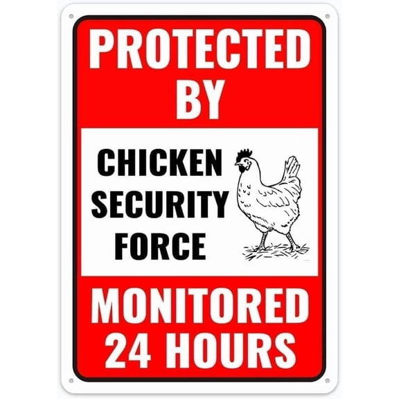 Protected By Chicken Security Force Metal Sign, Rust Free Aluminum Plaque for Fence Yard Indoor Outdoor, Farm Animal Security Sign, 8x12 Inch