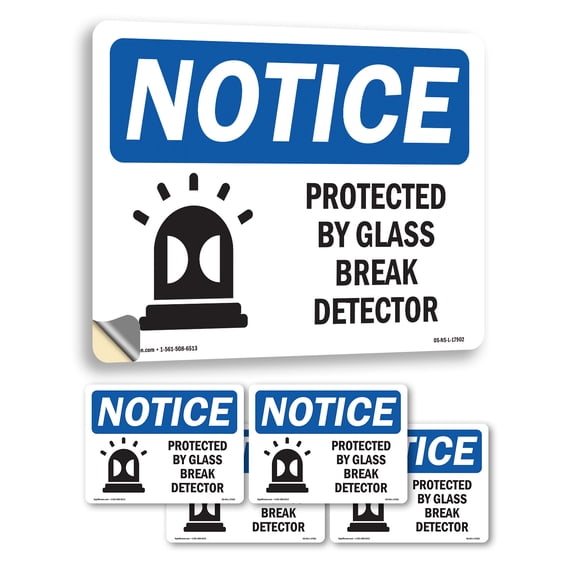 Protected By Glass Break Detector With Symbol OSHA Notice Vinyl Decal Label 5 Inch x 3.5 Inch - 5 Pack