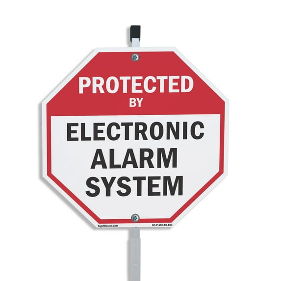 Protected By Electronic Alarm System 10 inch X 10 inch Octagon Plastic Sign with Aluminum Mounting Stake Weather Resistant UV Protected for Workplace Private Property and Construction