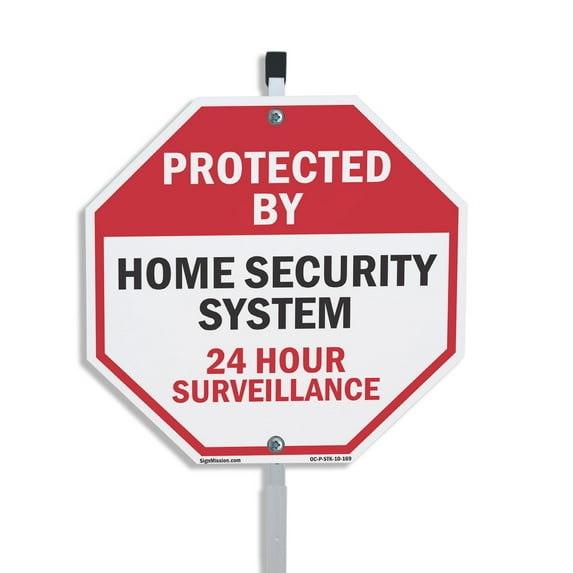 Protected By Home Security System 24 Hour Surveillance 10 inch X 10 inch Octagon Aluminum Metal Signs with Aluminum Mounting Stake Weather Resistant UV Protected for Workplace Private