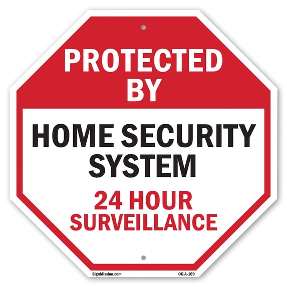 Protected By Home Security System 24 Hour Surveillance 6 inch X 6 inch Octagon Plastic Sign Weather Resistant, UV Protected for Workplace, Private Property, and Construction Site, Made