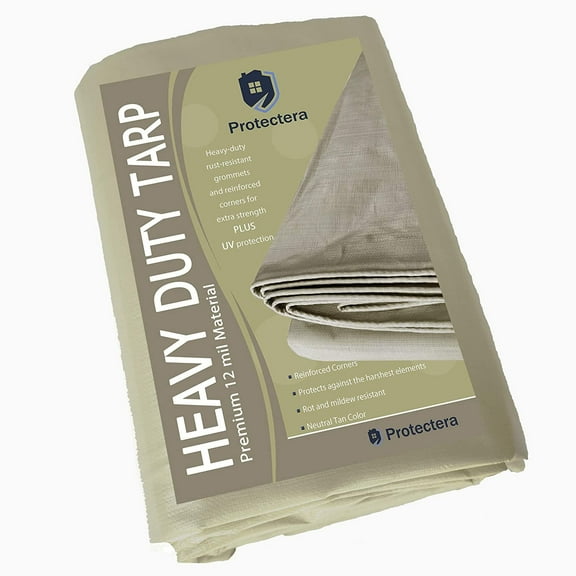 Protectera Heavy Duty Waterproof Tarp - 12 mil Thick - 12ft x 12ft - Neutral Tan Color