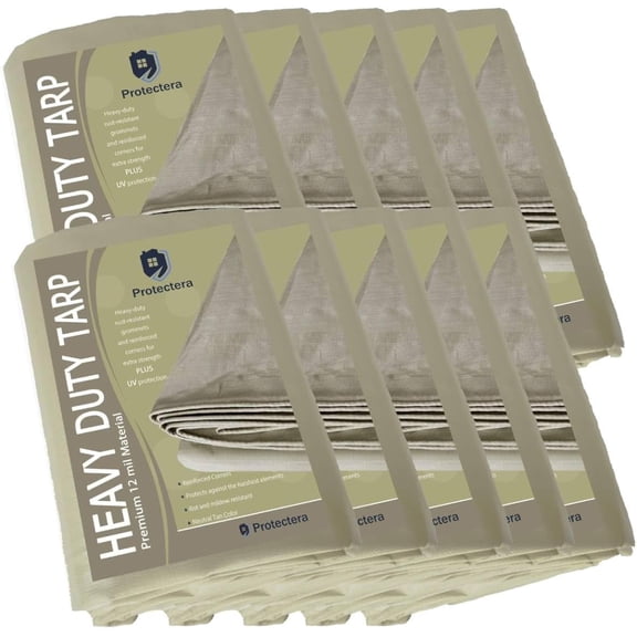 Protectera Heavy Duty Waterproof Tarp - 12 mil Thick-Bulk 10 Pack- 12 feet by 20 feet - Neutral Tan Color