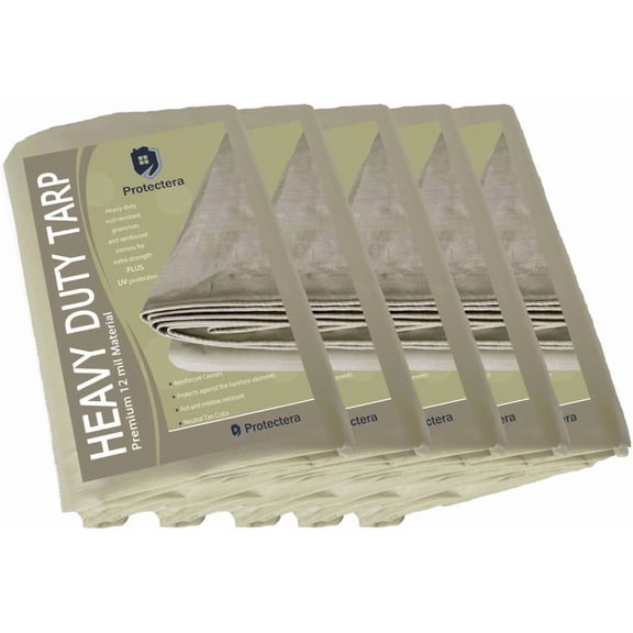Protectera Heavy Duty Waterproof Tarp - 12 mil Thick-Bulk 5 Pack- 12 feet by 12 feet - Neutral Tan Color