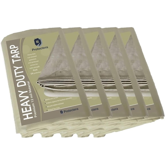 Protectera Heavy Duty Waterproof Tarp - 12 mil Thick-Bulk 5 Pack- 12 feet by 20 feet - Neutral Tan Color