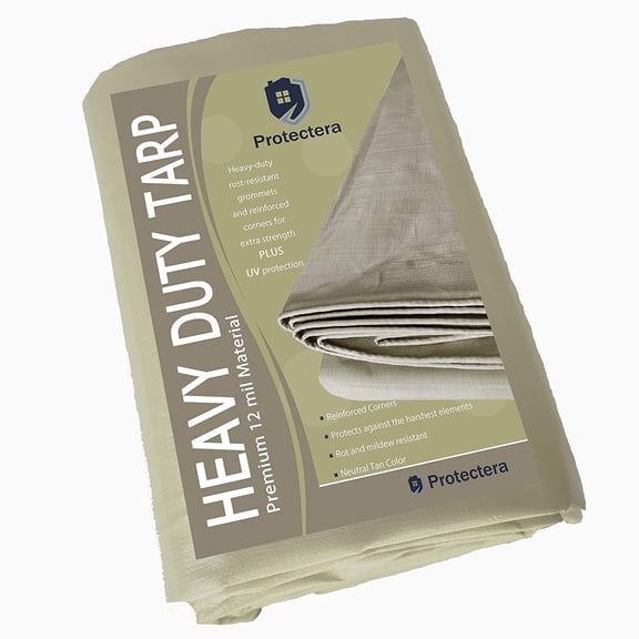 Protectera Heavy Duty Waterproof Tarp - 12 mil thick - 12ft x 20ft - Neutral Tan Color