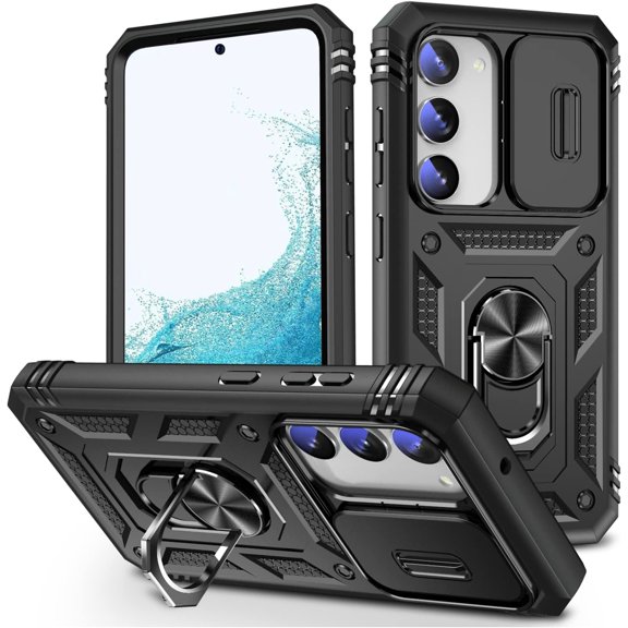 Protection Case for Samsung Galaxy S23 Ring Case with Camera Lens Cover Military Grade Heavy Duty Dual Layer Full Body Shockproof Protection Shell for Magnetic Car Mount Holder -Black