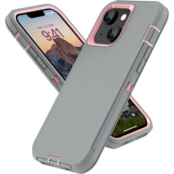 Protection Case for iPhone 13 & 15 Phone, iPhone 14 Case Heavy Duty Shockproof Silicone Rubber Cover, Rugged Hybrid Durable Phone Cases for iPhone 13/14/15 in 6.1 Inch. (Grey/Pink)