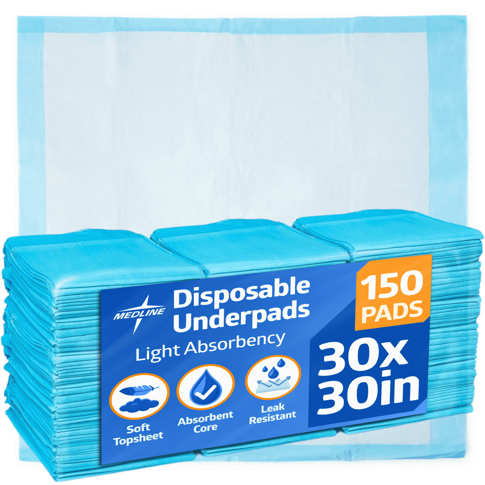 Medline Disposable Adult Bed Pads for Incontinence, Furniture, or Pets, Medium, Light Absorbency, 30 x 30in, 150 Count
