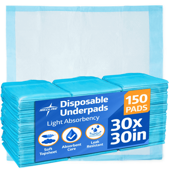 Medline Disposable Adult Bed Pads for Incontinence, Furniture, or Pets, Medium, Light Absorbency, 30 x 30in, 150 Count
