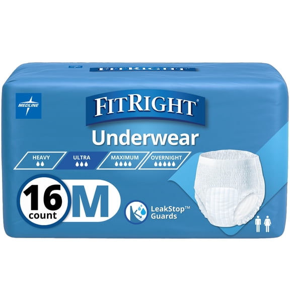 FitRight Incontinence Underwear for Men and Women, Adult Diapers, Extended-Wear Absorbency, Medium, 28in to 40in, 16 Count