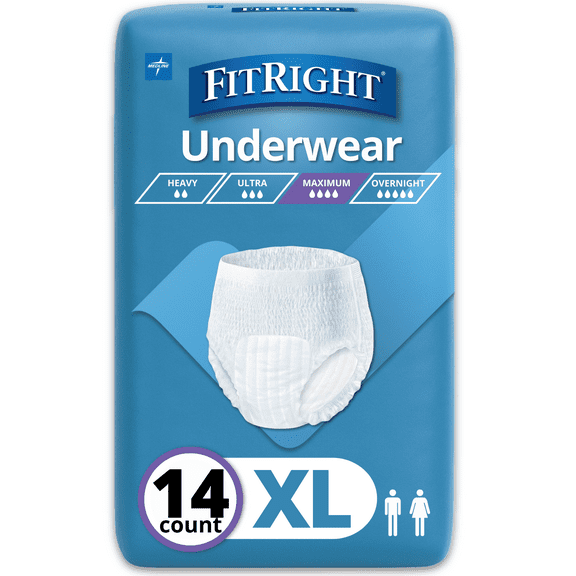 FitRight Incontinence Underwear for Men and Women, Adult Diapers, Super Absorbent, XL, 56in to 68in, 14 Count