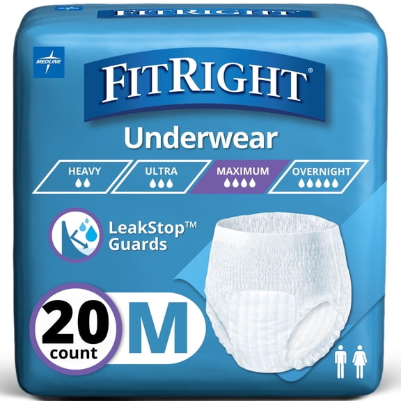 FitRight Incontinence Underwear for Men and Women, Adult Diapers, Super Absorbent, Medium, 28in to 40in, 20 Count