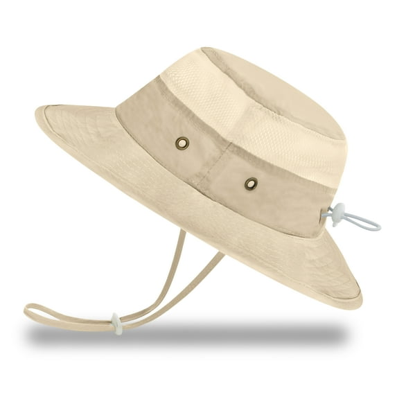 Protective Baby Bucket Sun Hat With UPF 50+ Protection Adjustable Infant Summer Beach Hats For Boy & Girl Breathable Toddler Swim Pool Play Sunhat With Wide Brim 0-12 Months Beige XS, 48 CM