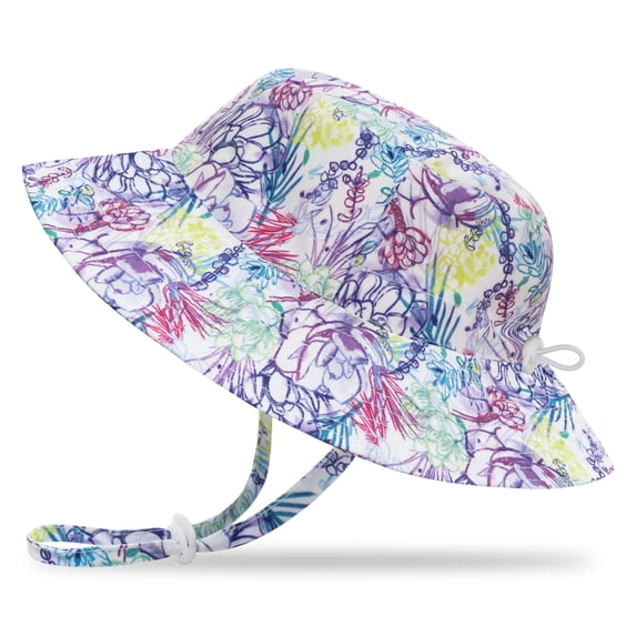 Protective Baby Sun Hat With UPF 50+ Protection Adjustable Infant Summer Beach Bucket Hats For Boy & Girl Breathable Toddler Swim Pool Play Sunhat With Wide Brim 12-24 Months Purple Flowers (46-50 cm)