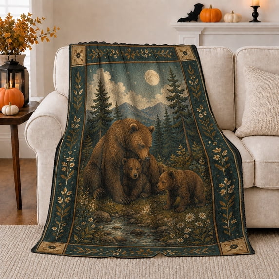Protective Bear Cubs Forest Scene Rustic, Peaceful Mountain Lake Scene, Warm Flannel Blanket for Cabin and Lodge, Outdoor Lovers Friendship Gift, Artistic Home Decor