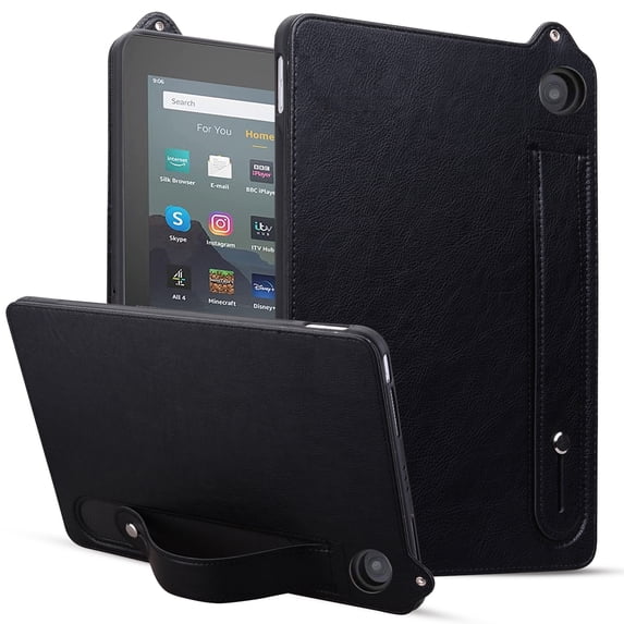 Protective Case for All-New Amazon Kindle Fire 7 Tablet 12th Generation 2022 Released, Premium PU Leather Slim Lightweight Stand Hand Strap Shockproof Case Cover for Kindle Fire 7, Black