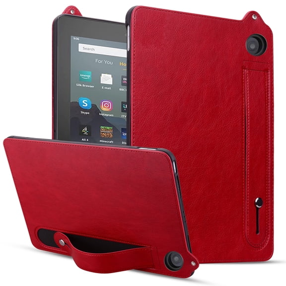 Protective Case for Amazon Kindle Fire HD 8 Tablet & HD 8 Plus Case (2024/2022/2020 Release) 12th/10th Gen, PU Leather Slim Lightweight Stand Hand Strap Shockproof Cover for Kindle Fire HD 8,Red