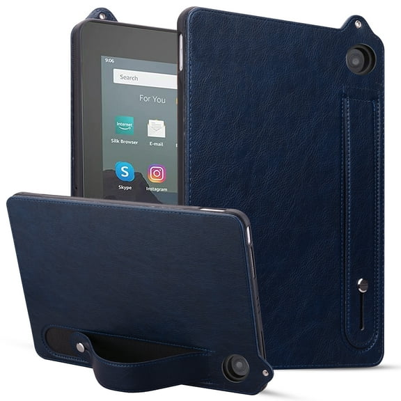 Protective Case for Amazon Kindle Fire HD 8 Tablet & HD 8 Plus Case (2024/2022/2020 Release) 12th/10th Gen, PU Leather Slim Lightweight Stand Hand Strap Shockproof Cover for Kindle Fire HD 8,Blue