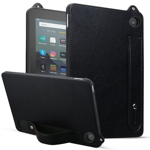 Protective Case for Amazon Kindle Fire HD 8 Tablet & HD 8 Plus Case (2024/2022/2020 Release) 12th/10th Gen, PU Leather Slim Lightweight Stand Hand Strap Shockproof Cover for Kindle Fire HD 8,Black