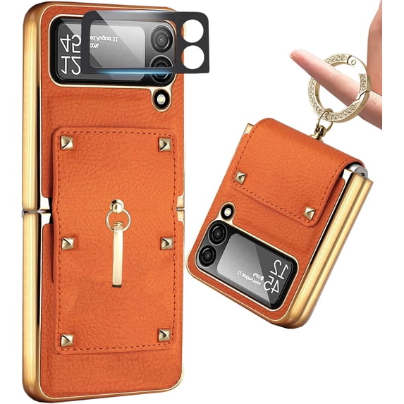 Protective Case Compatible Samsung Galaxy Z Flip 4 5g Ring Case with Camera Screen Protector 2022,Shockproof PU Leather Cover Flip Case for Samsung Galaxy Z Flip 4 Phone Case with Stand Orange