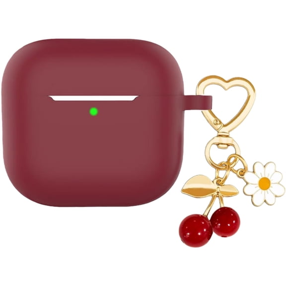 Protective Case Cover for Airpods 4 with Cute Cherry Charm Heart Keychain,Soft Silicone Airpod 4 Daisy Key Chains for Apple Airpods 4th Generation Case for Women Men Burgundy