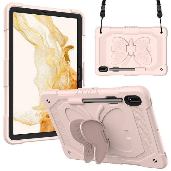 Protective Case for Samsung Galaxy Tab S10+ Plus/ Tab S9+ Plus/ Tab S9 FE+ Plus 12.4", Cute Butterfly Kids Friendly Kickstand Shockproof Case with Shoulder Strap & Pen Holder,Pink