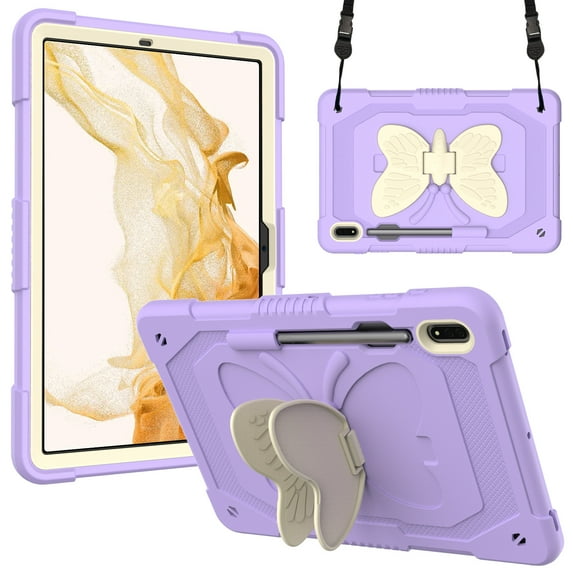Protective Case for Samsung Galaxy Tab S10+ Plus/ Tab S9+ Plus/ Tab S9 FE+ Plus 12.4", Cute Butterfly Kids Friendly Kickstand Shockproof Case with Shoulder Strap & Pen Holder,Purple+Beige