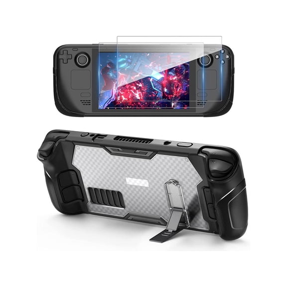 Protective Case for Steam Deck with Kickstand, GORIXER TPU Protector Cover Accessories with Stand & 2 Pack Screen Protector, Full Protection, Non-Slip, Anti-Collision for Steam Deck - Black