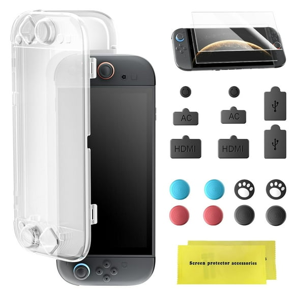 Protective Case for Switch 2, Accessories for Switch 2 with Clear Acrylic Shell, Dust Plugs, Tempered Glass Screen Protector for Switch 2 and 8 Silicone Thumb Grips Light