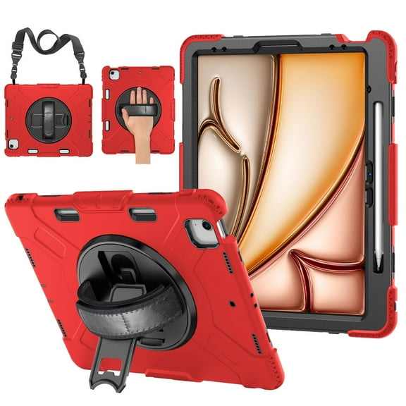 Protective Case for iPad Air 13 Inch M2 6th 2024, & iPad Pro 12.9" 6th/5th/4th/3rd Gen (2022 2021 2020 2018) - Shockproof Cover w/ Pencil Holder, Handle, Adjustable Stand & Shoulder Strap, Red