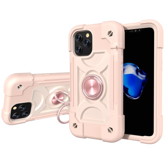 Protective Defender Case for iPhone 11 6.1 inch 2019, Allytech Drop Protection Car Mount Ring Kickstand Hard PC and Silicone Shockproof Cover with Tempered Glass Screen Protector[1 PCS], Rosegold