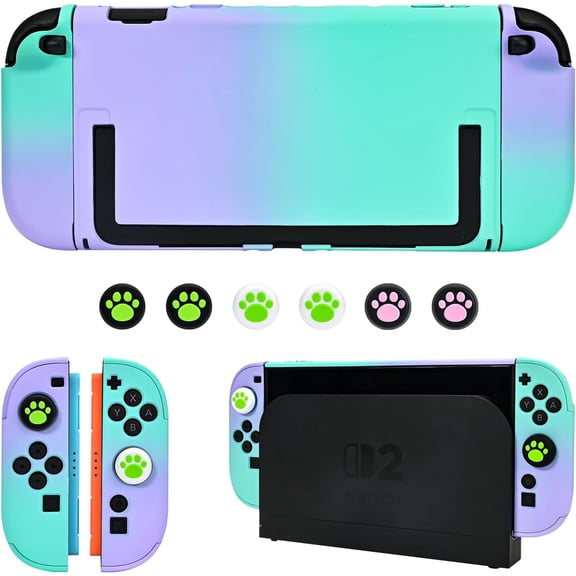 Protective Hard Case for Switch 2 (2025), PC Grip Cover for Joy Con, Detachable JoyCon Controller Protectors-Shockproof& Scratch-Resistant Console Shell, 6 Thumb Grips - Purple Green