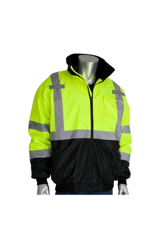 Protective Industrial Products Ansi R3 Black Bottom Bomber Jacket Hi Vis Lime Yellow Medium