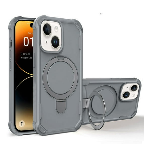Protective Magnetic Kickstand Case for iPhone 14 Plus with Tempered Glass Screen Protector - Gray