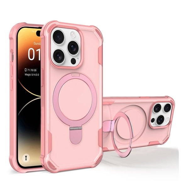 Protective Magnetic Kickstand Case for iPhone 14 Pro Max with Tempered Glass Screen Protector - Light Pink