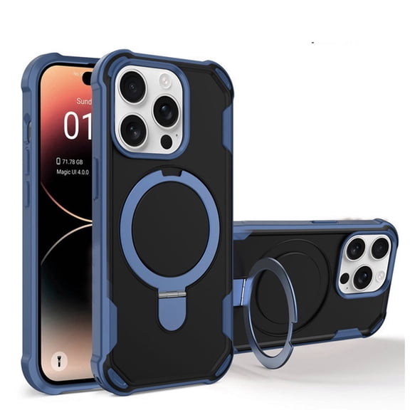 Protective Magnetic Kickstand Case for iPhone 14 Pro Max with Tempered Glass Screen Protector - Navy Blue