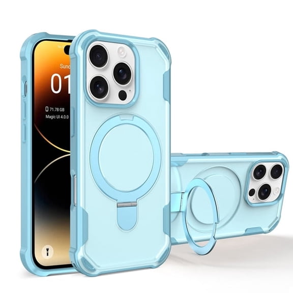 Protective Magnetic Kickstand Case for iPhone 16 Pro with Tempered Glass Screen Protector - Light Blue
