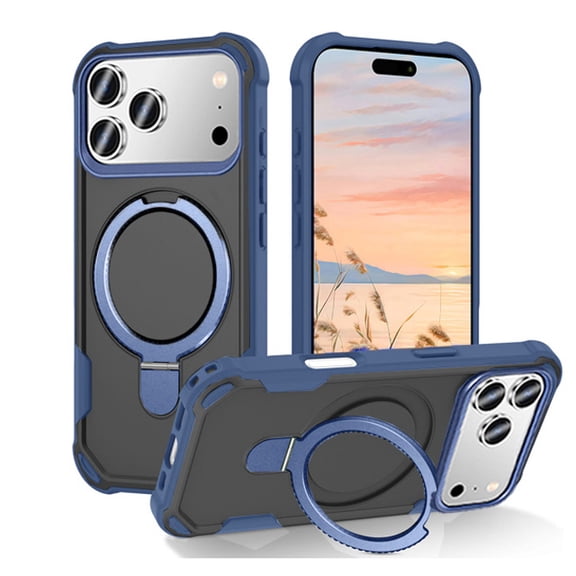 Protective Magnetic Kickstand Case for iPhone 17 Pro with Tempered Glass Screen Protector - Navy Blue