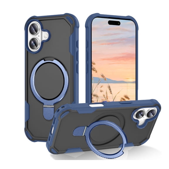 Protective Magnetic Kickstand Case for iPhone 17 with Tempered Glass Screen Protector - Navy Blue